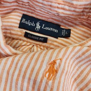 Ralph Lauren Mens L Classic Fit Linen Shirt Long Sleeve Button Striped Orange